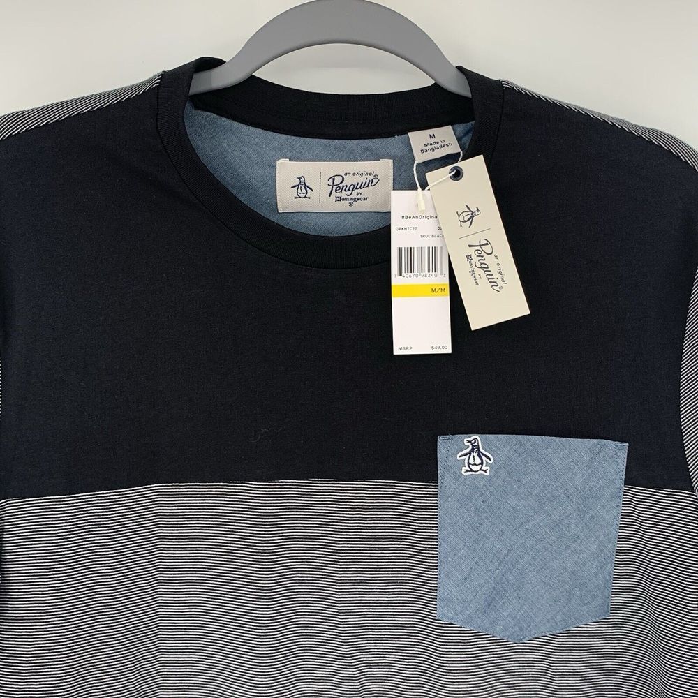 Original Penguin True Black Stripe Mens Short Sleeve T-Shirt w/ Pocket Size Med - Picture 8 of 9